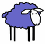 digital drawing of a sheep with periwinkle blue fleece and tail, a white face, and black legs, outlined in black. Orientation: face is on right side, tail on left side